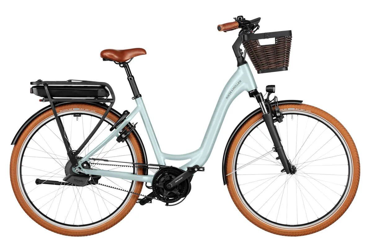Riese & Müller Swing4 Automatic in salvia matt with front carrier basket. The model listed also includes rear carrier baskets.