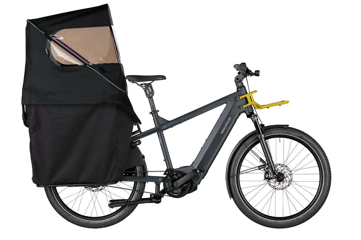 Riese & Müller Multicharger2 GT vario in utility grey with carrier in curry matt with complete weather protection.