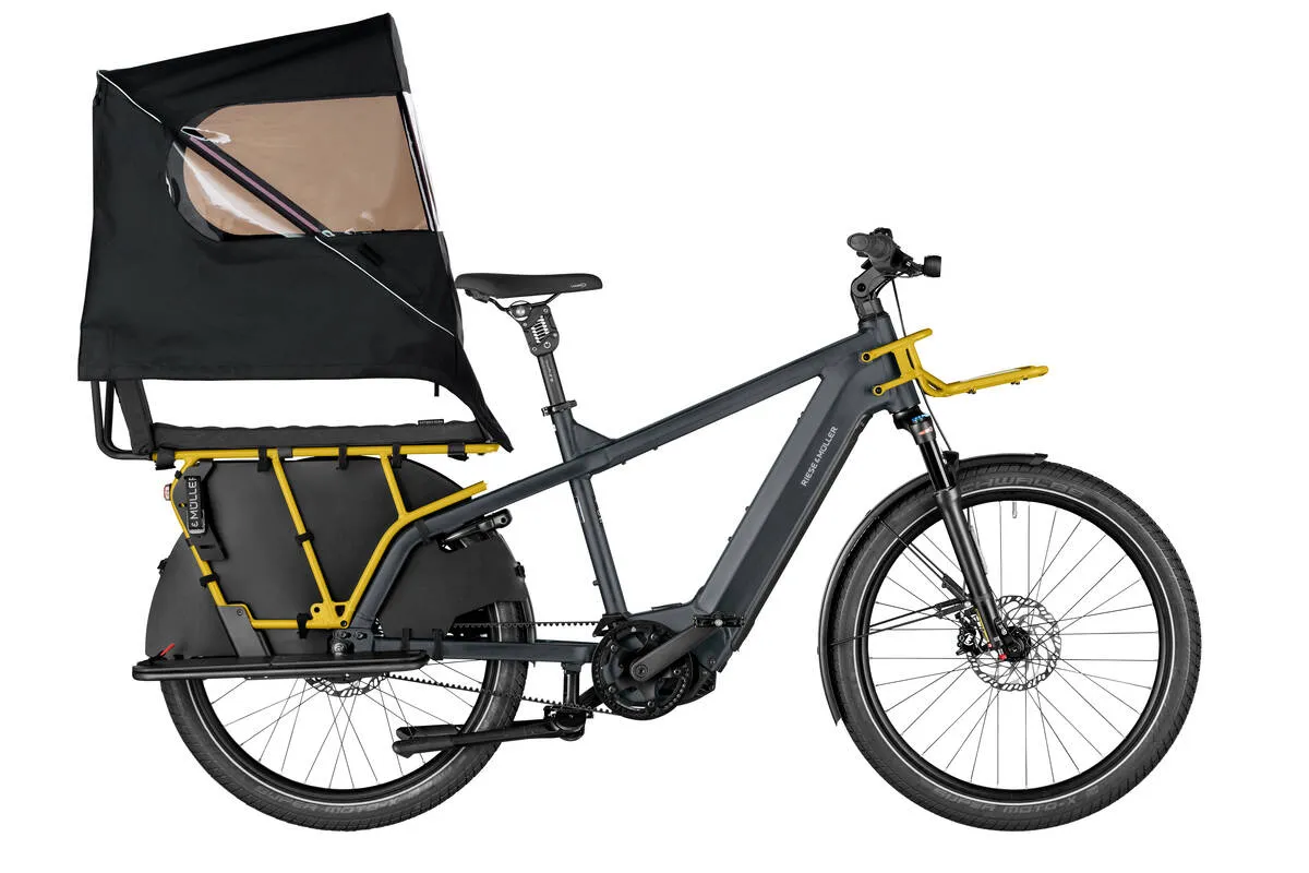 Riese & Müller Multicharger2 GT vario in utility grey with carrier in curry matt with top weather protection.