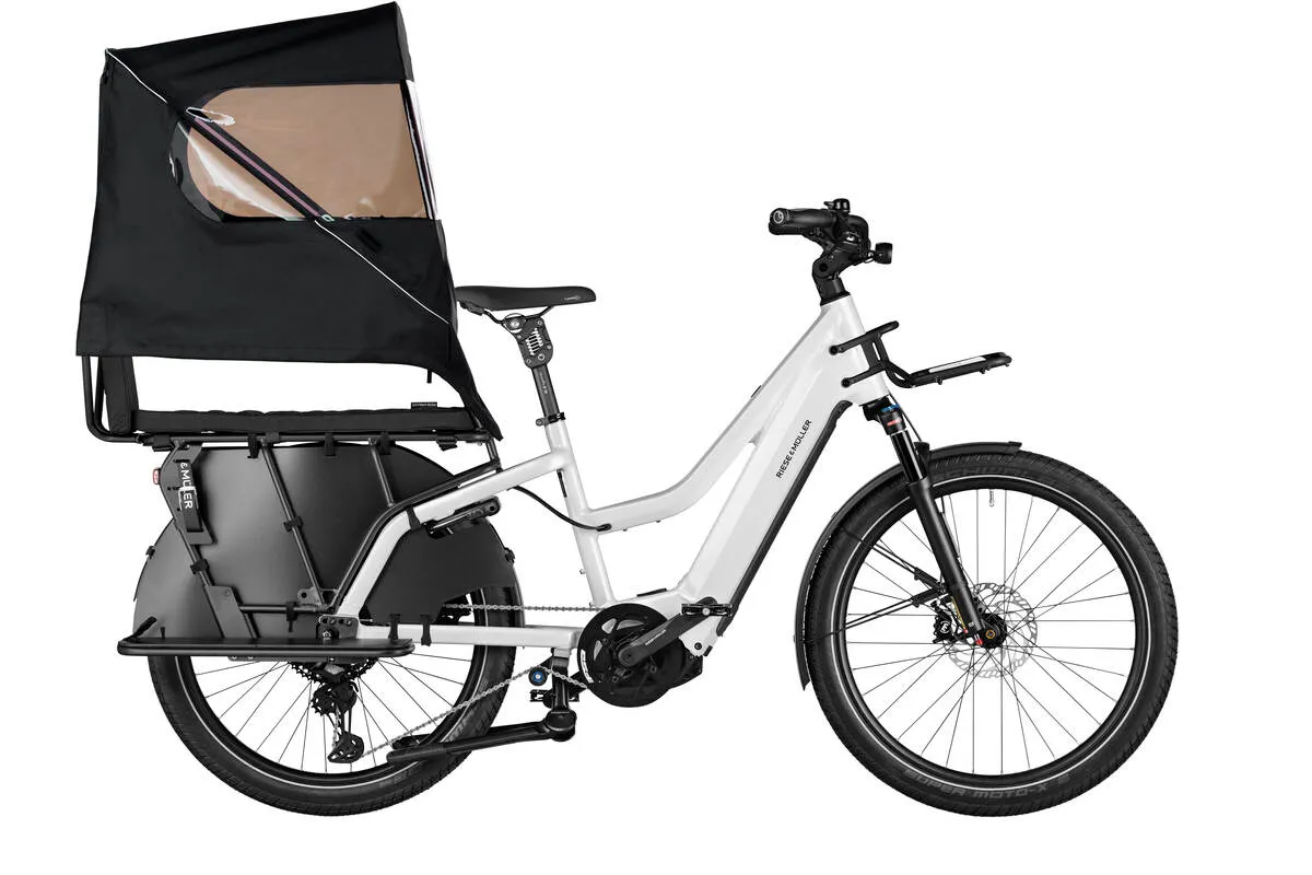 Riese & Müller Multicharger2 GT Mixte touring in pearl white with carrier in black matt and top weather protection.
