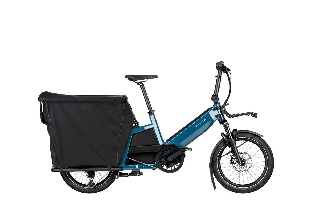 Riese & Müller Multitinker touring in petrol blue/black with safety bar kit and bottom weather protection.
