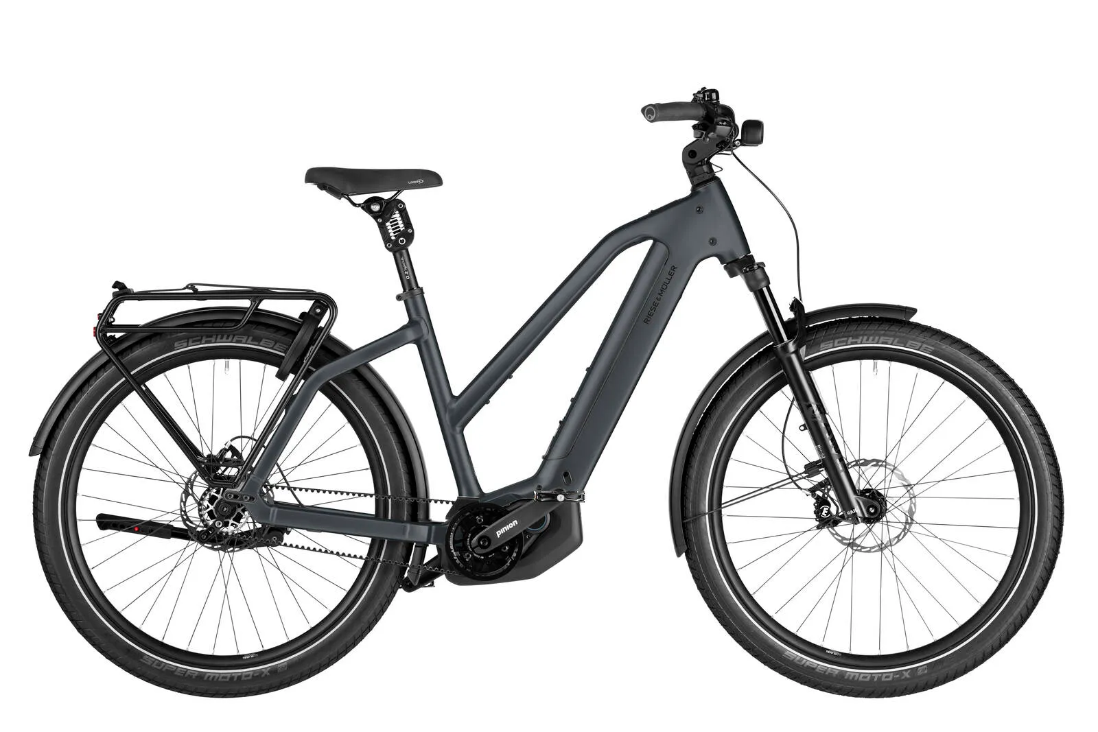 Riese & Müller Charger5 Mixte Pinion in slate grey with comfort kit and step-through frame.