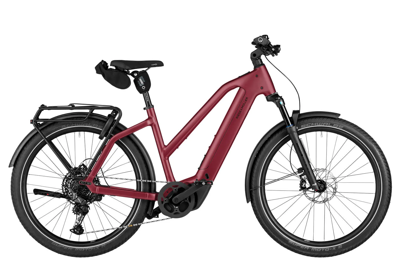 Riese & Müller Charger5 Mixte touring in dark red matt with step-through frame.