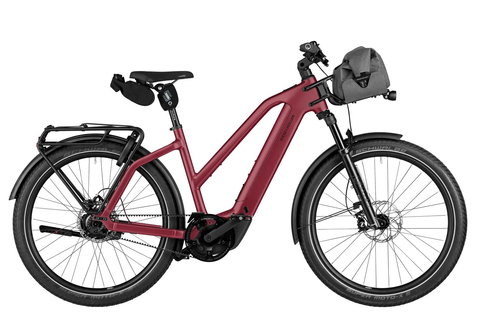 Riese & Müller Charger5 Mixte rohloff in dark red matt with front carrier and bag.