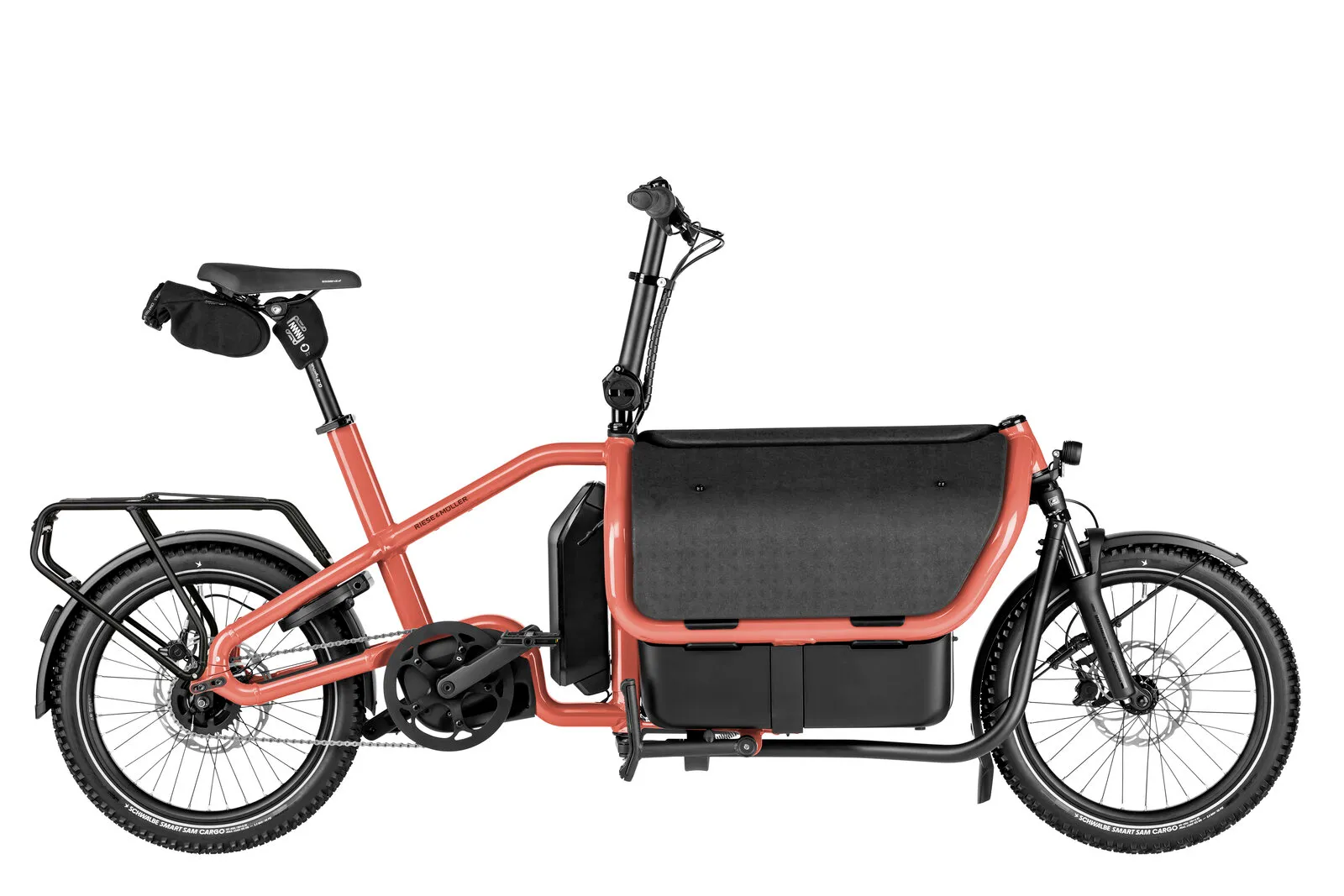 Riese & Müller Carrie2 city in coral with Cargo Kit and offroad tyres.