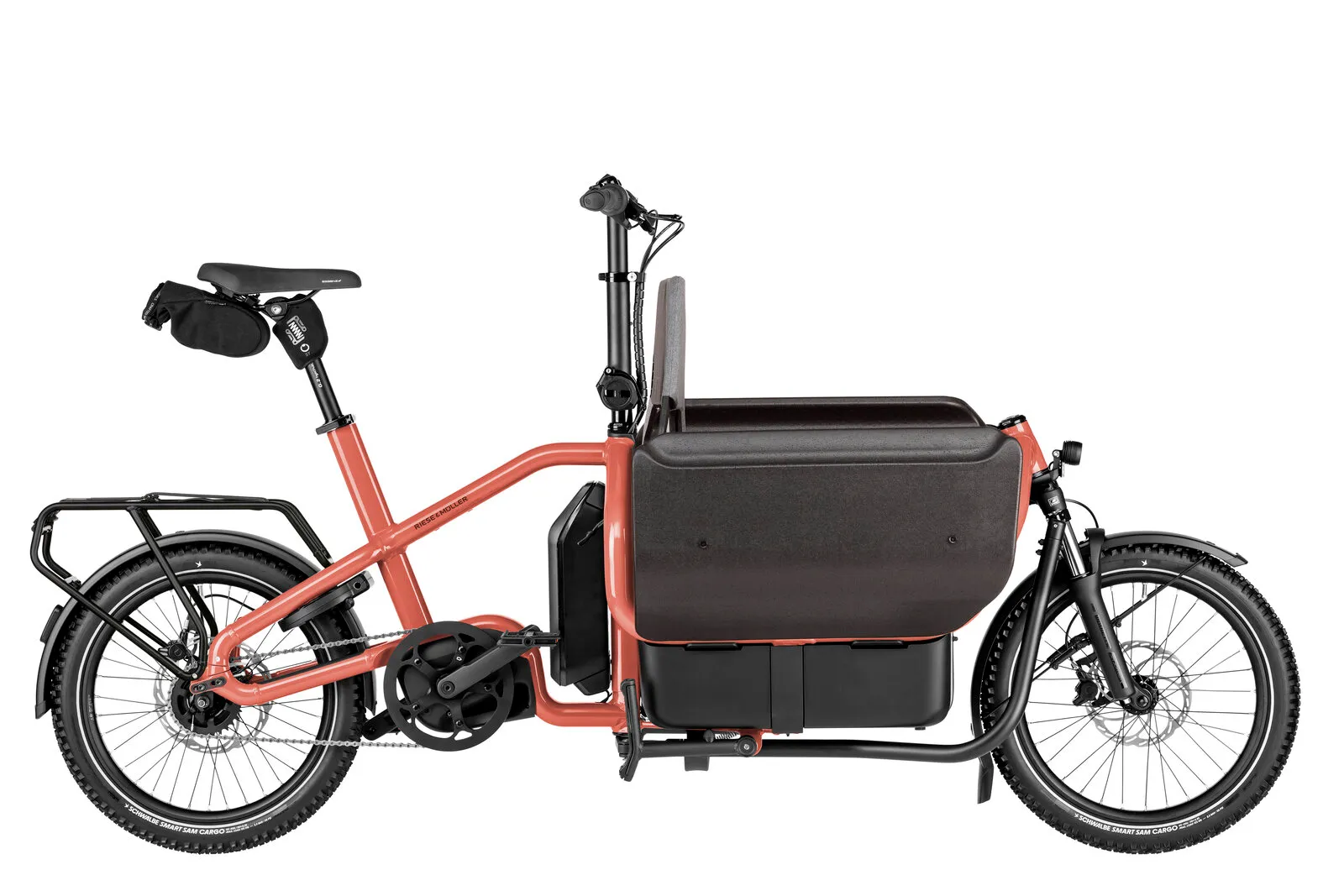 Riese & Müller Carrie2 city in coral with Family Kit and offroad tyres.