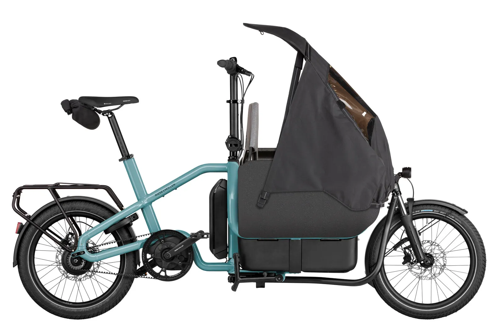 Riese & Müller Carrie2 vario in aqua with Family Kit Plus and weather cover.