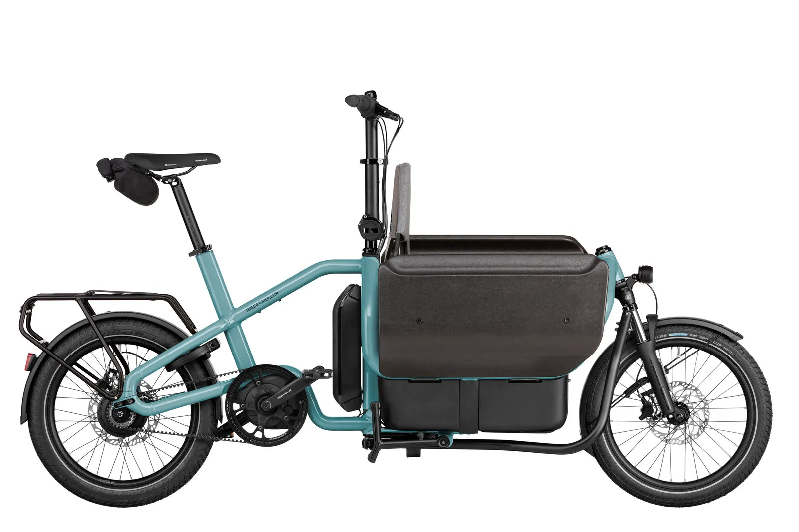 Riese & Müller Carrie2 vario in aqua with Family Kit.