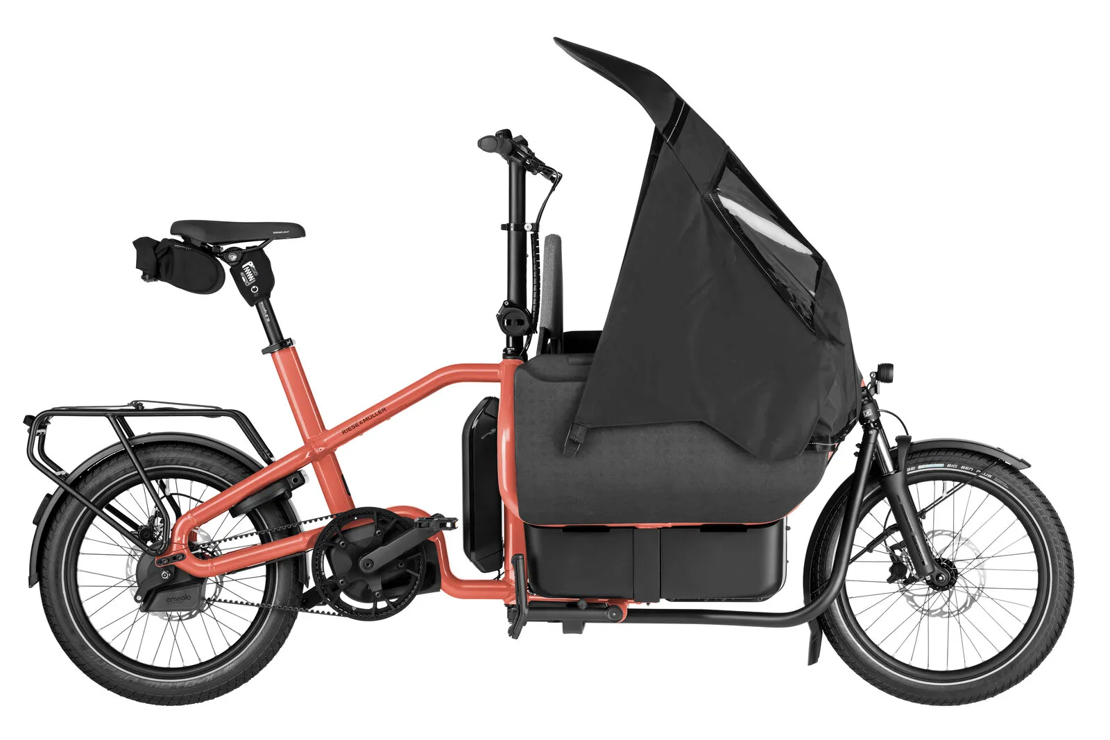 Riese & Müller Carrie2 automatic in coral with Family Kit Plus and weather cover.