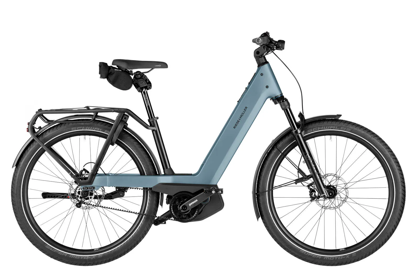 Riese & Müller Nevo5 pinion in ice blue with low step-through frame.