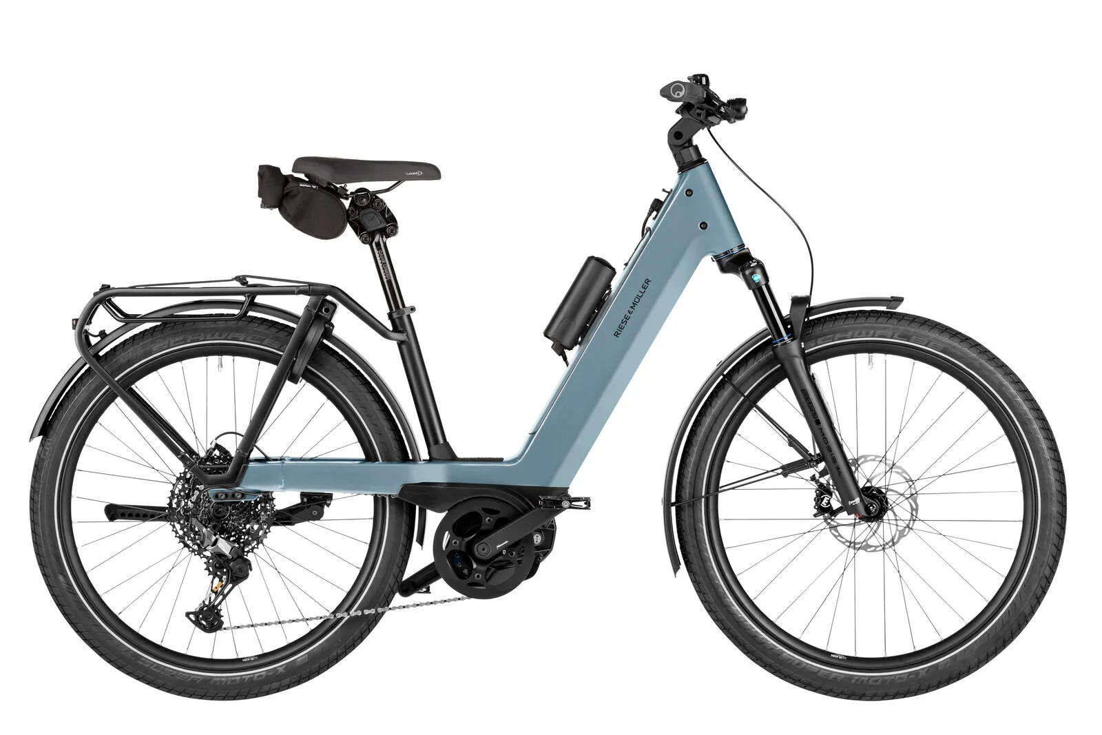 Riese & Müller Nevo5 touring in ice blue with Range Extender battery.
