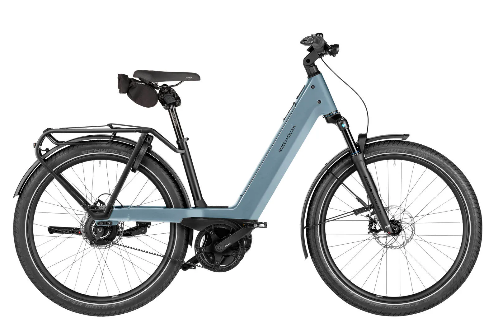 Riese & Müller Nevo5 vario in ice blue with belt drive.