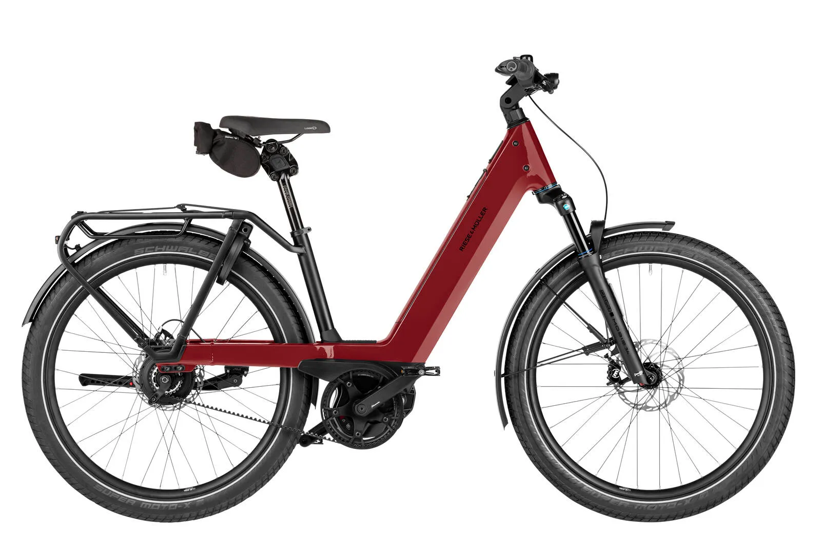 Riese & Müller Nevo5 vario in ruby red with belt drive.