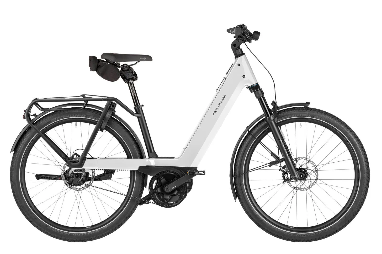 Riese & Müller Nevo5 rohloff in pure white with belt drive.