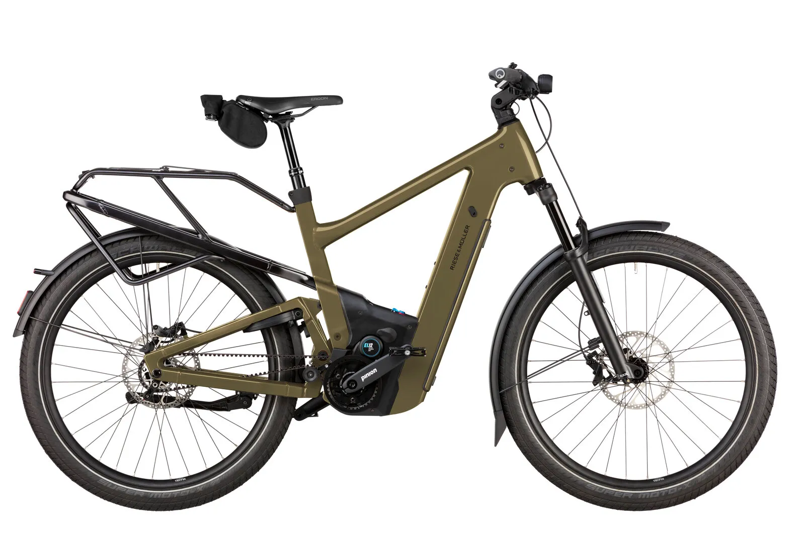 Riese & Müller Delite5 Pinion in amber with full suspension, belt drive and pannier rack.