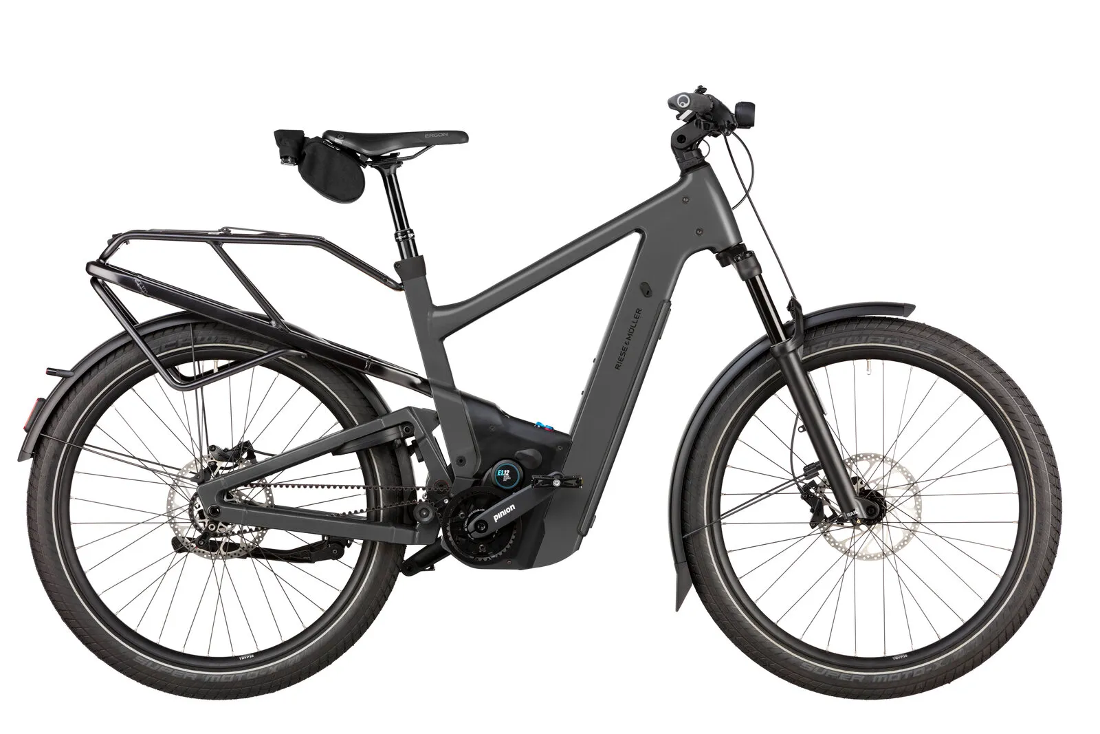 Riese & Müller Delite5 Pinion in stone grey with full suspension, belt drive and pannier rack.