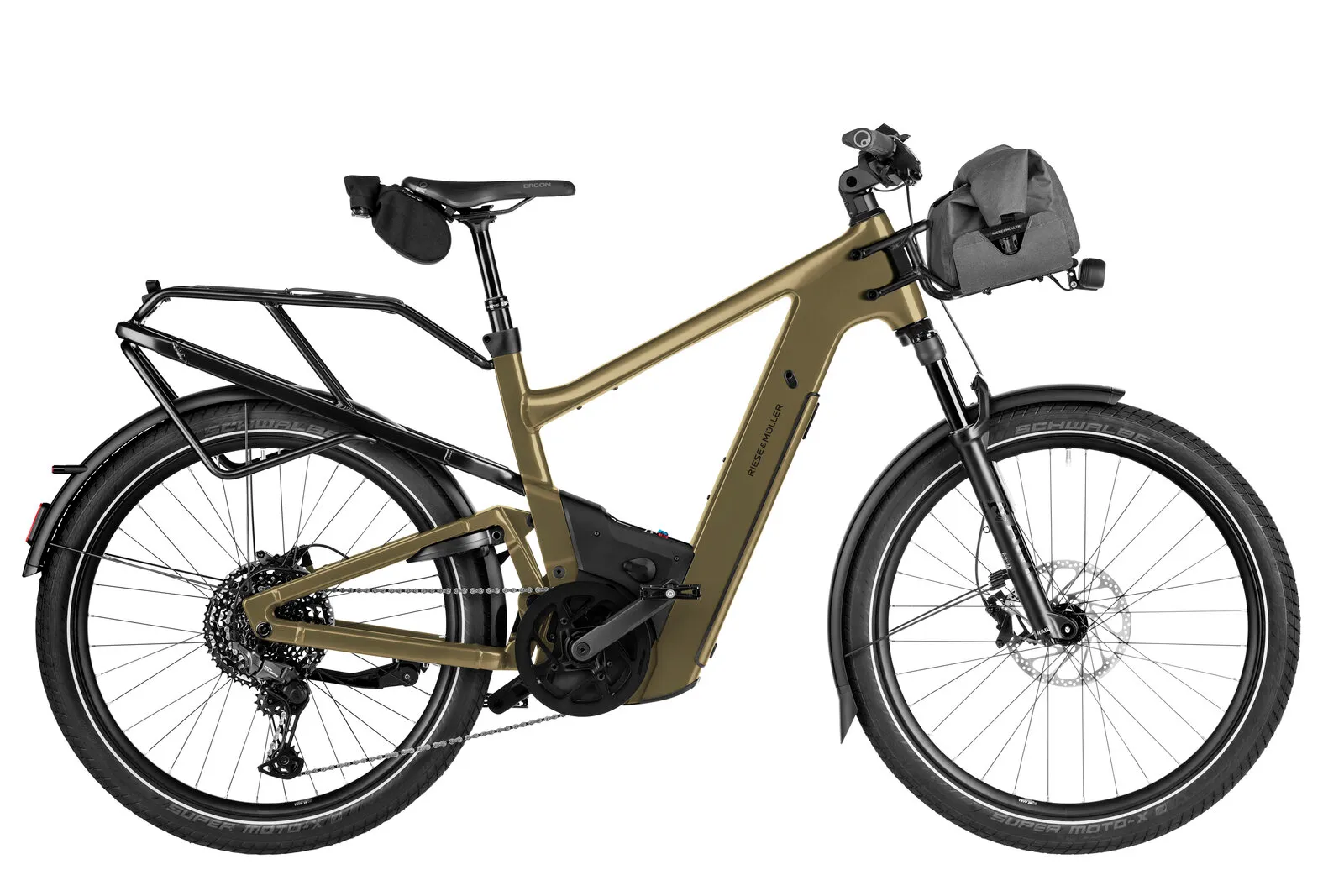 Riese & Müller Delite5 touring in amber with front carrier bag and pannier rack.