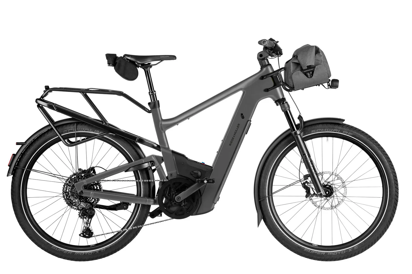 Riese & Müller Delite5 touring in stone grey with front carrier bag and pannier rack.