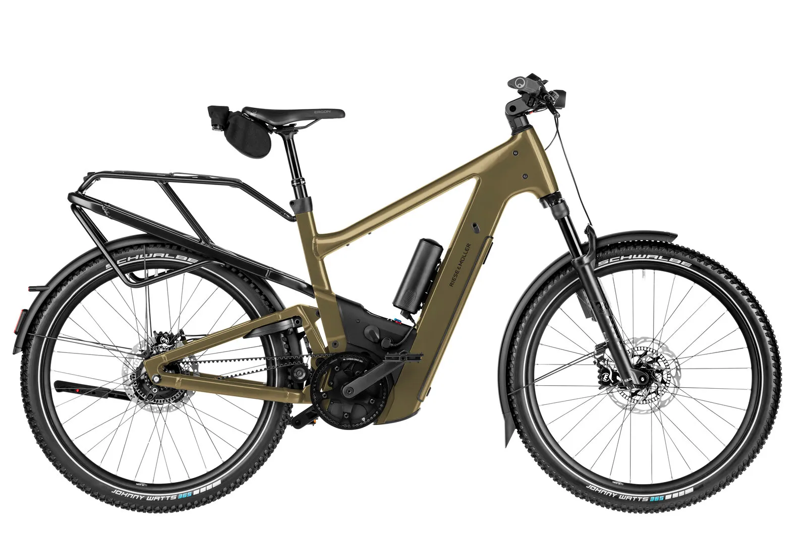 Riese & Müller Delite5 rohloff in amber with PowerMore range extender and Schwalbe Johnny Watts offroad tyres.