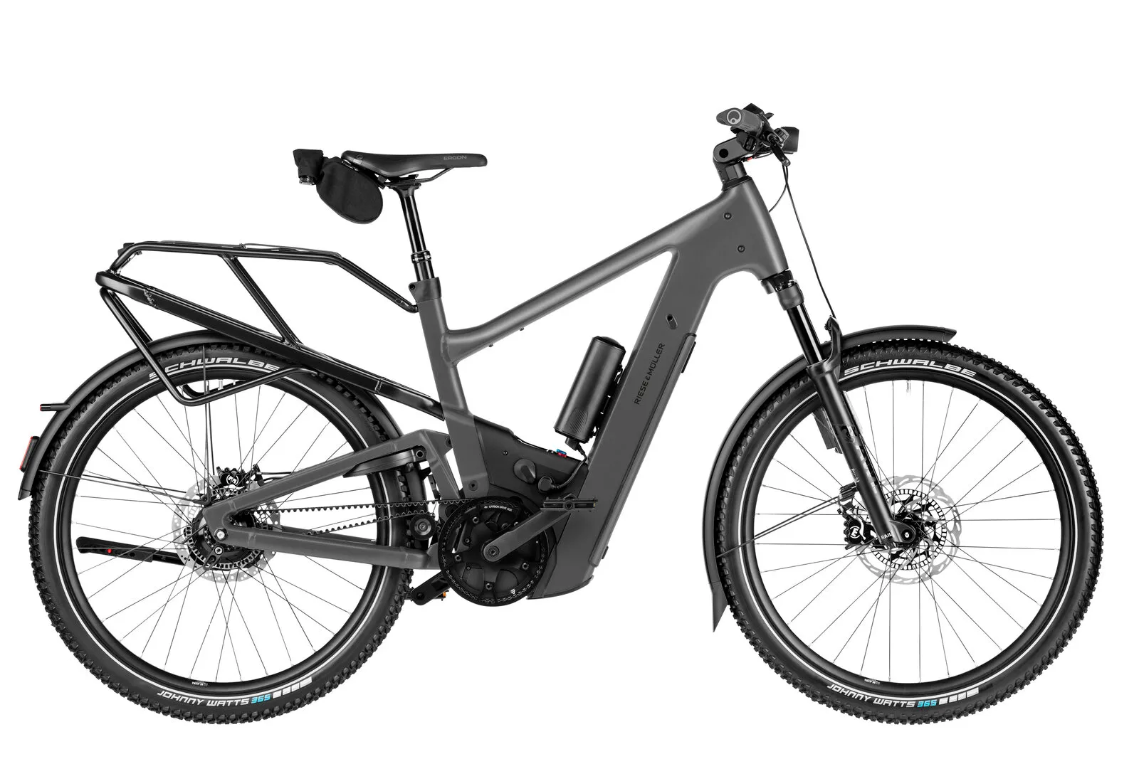 Riese & Müller Delite5 rohloff in stone grey with PowerMore range extender and Schwalbe Johnny Watts offroad tyres.