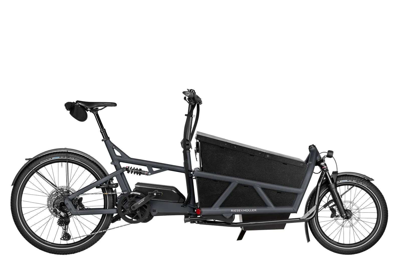 Riese & Müller Load5 60 touring in coal grey matt with high side walls and hardcover.