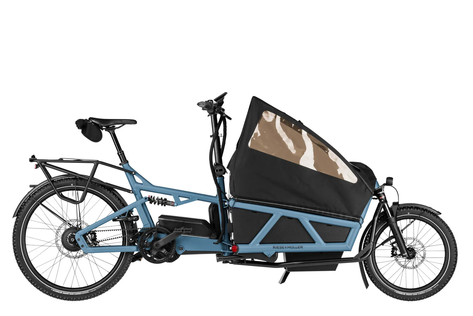 Riese & Müller Load5 60 vario in arctic with family kit and weather cover.