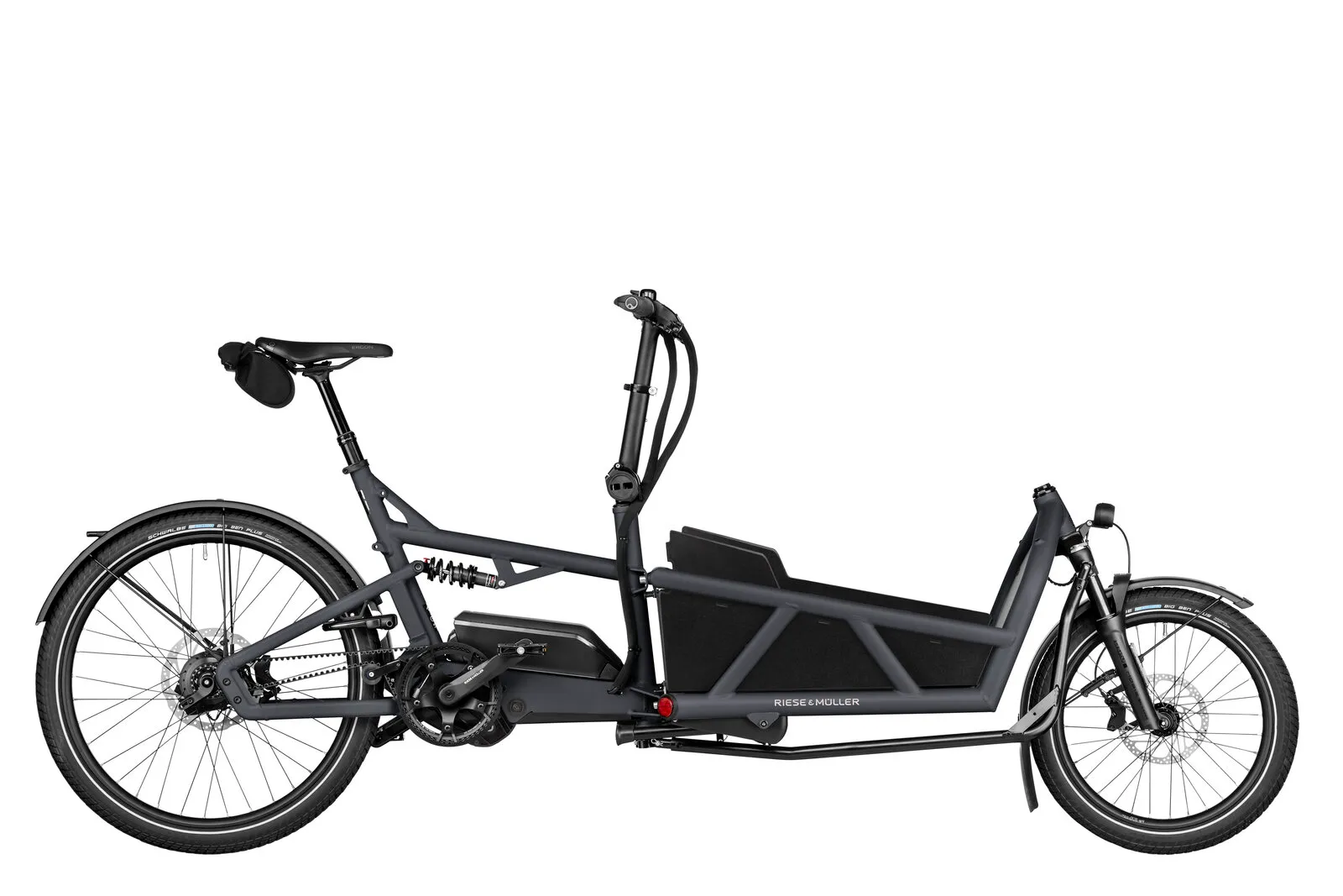 Riese & Müller Load5 60 rohloff in coal grey matt with belt drive.