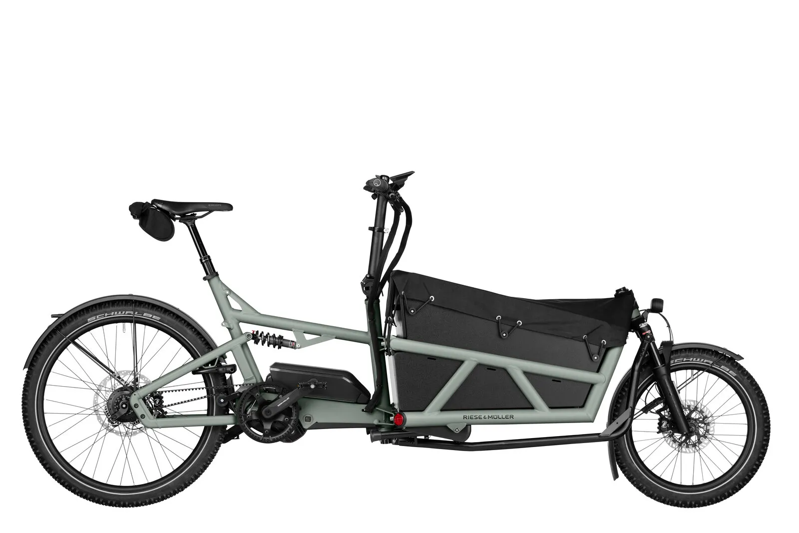 Riese & Müller Load5 60 rohloff in tundra grey matt with cargo kit, offroad tyres and ABS.