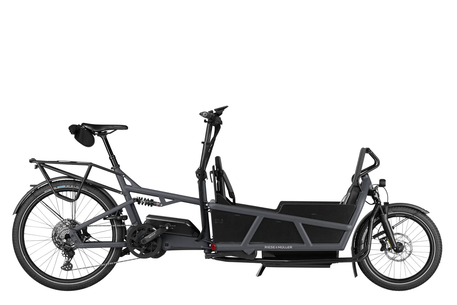 Riese & Müller Load5 75 touring in coal grey matt with Family Kit Plus.