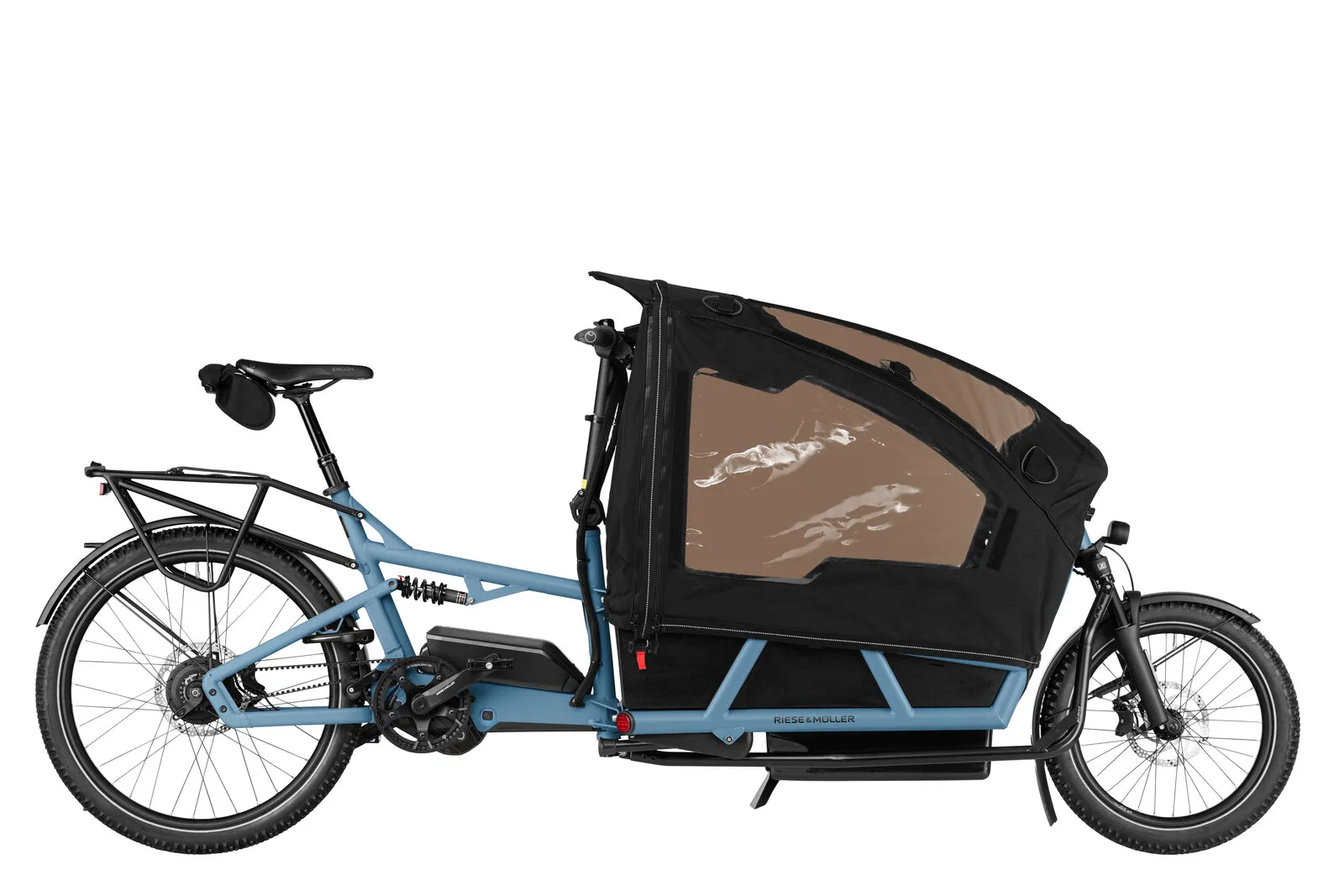Riese & Müller Load5 75 vario in arctic with Family Kit Plus, weather cover and offroad tyres.