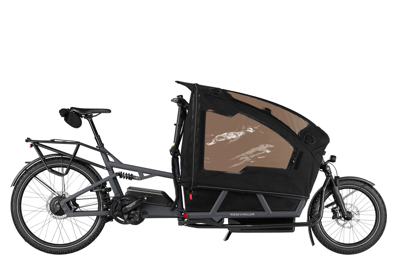 Riese & Müller Load5 75 vario in coal grey matt with Family Kit Plus and offroad tyres.