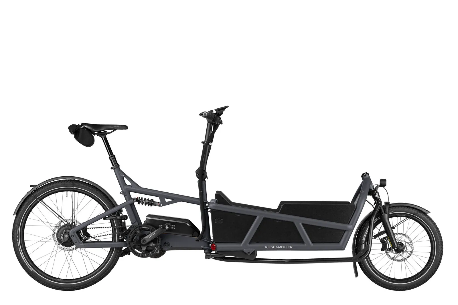 Riese & Müller Load5 75 vario in coal grey matt with low side walls.