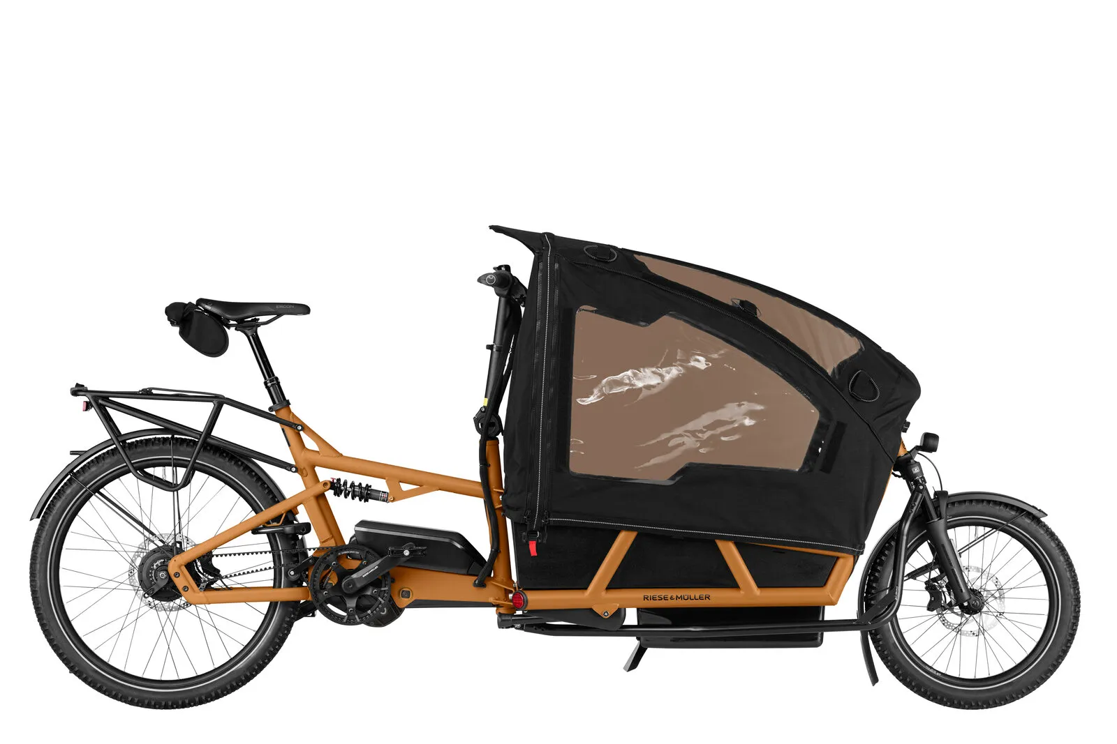 Riese & Müller Load5 75 vario in peanut matt with Family Kit Plus and offroad tyres.