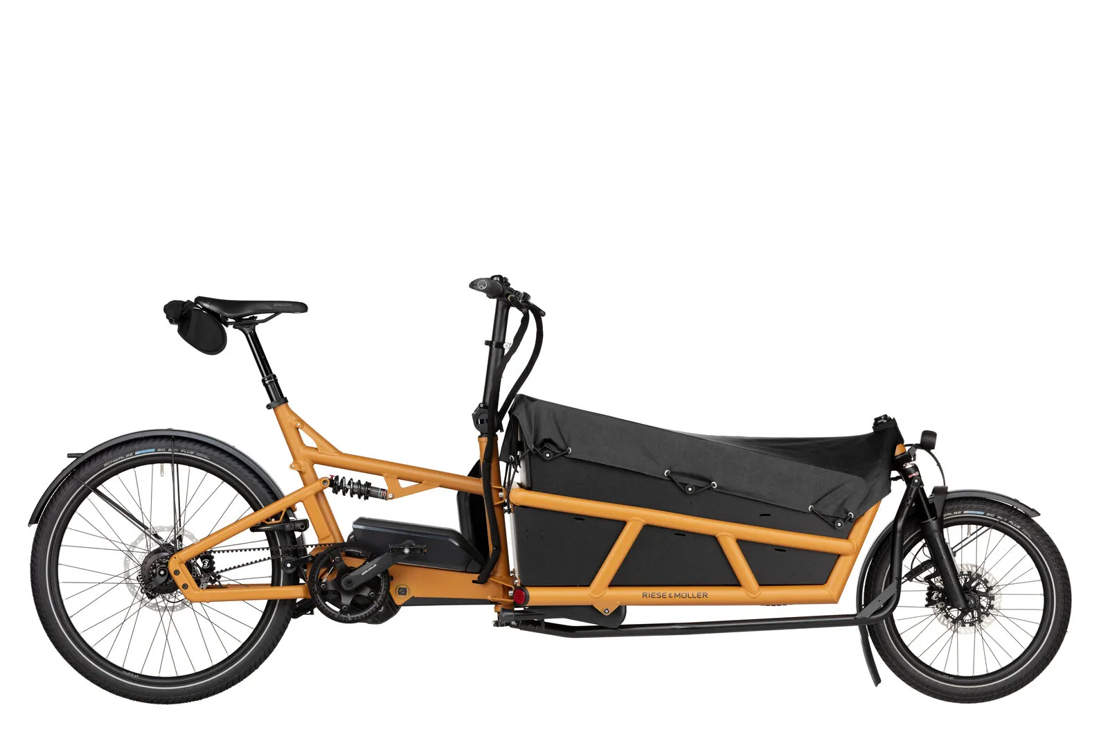 Riese & Müller Load5 75 rohloff in peanut matt with cargo kit, DualBattery and ABS.