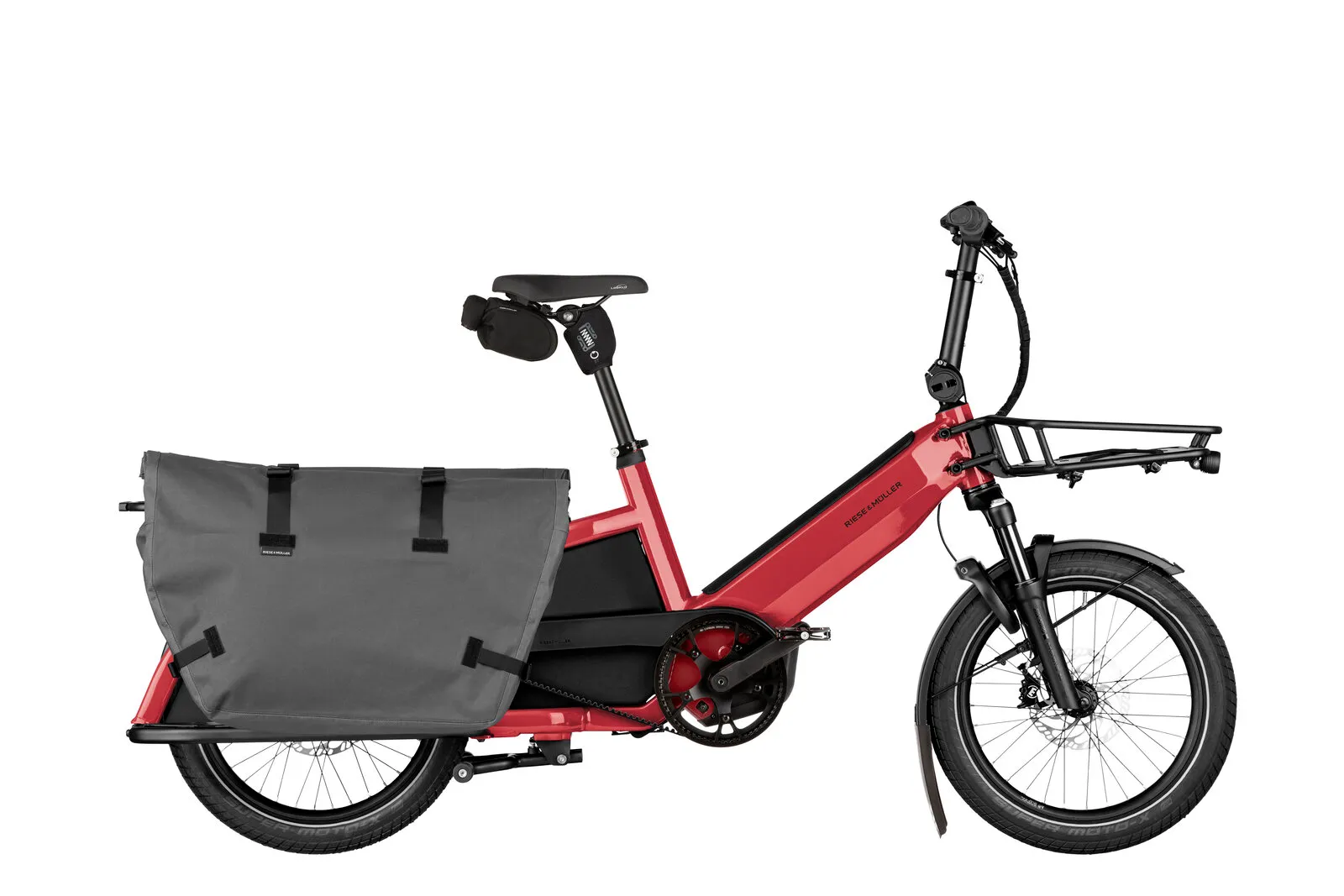 Riese & Müller Multitinker2 vario in lava/black with cargo kit bags.