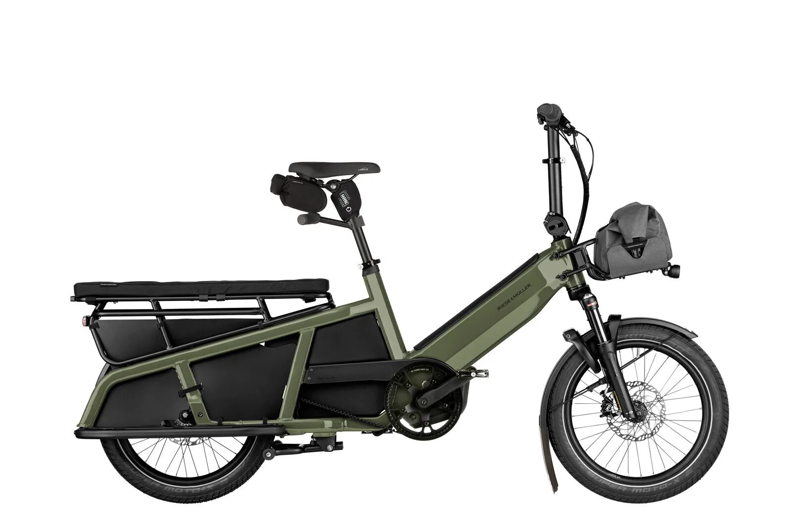 Riese & Müller Multitinker2 vario in olive/black with passenger kit and front bag.