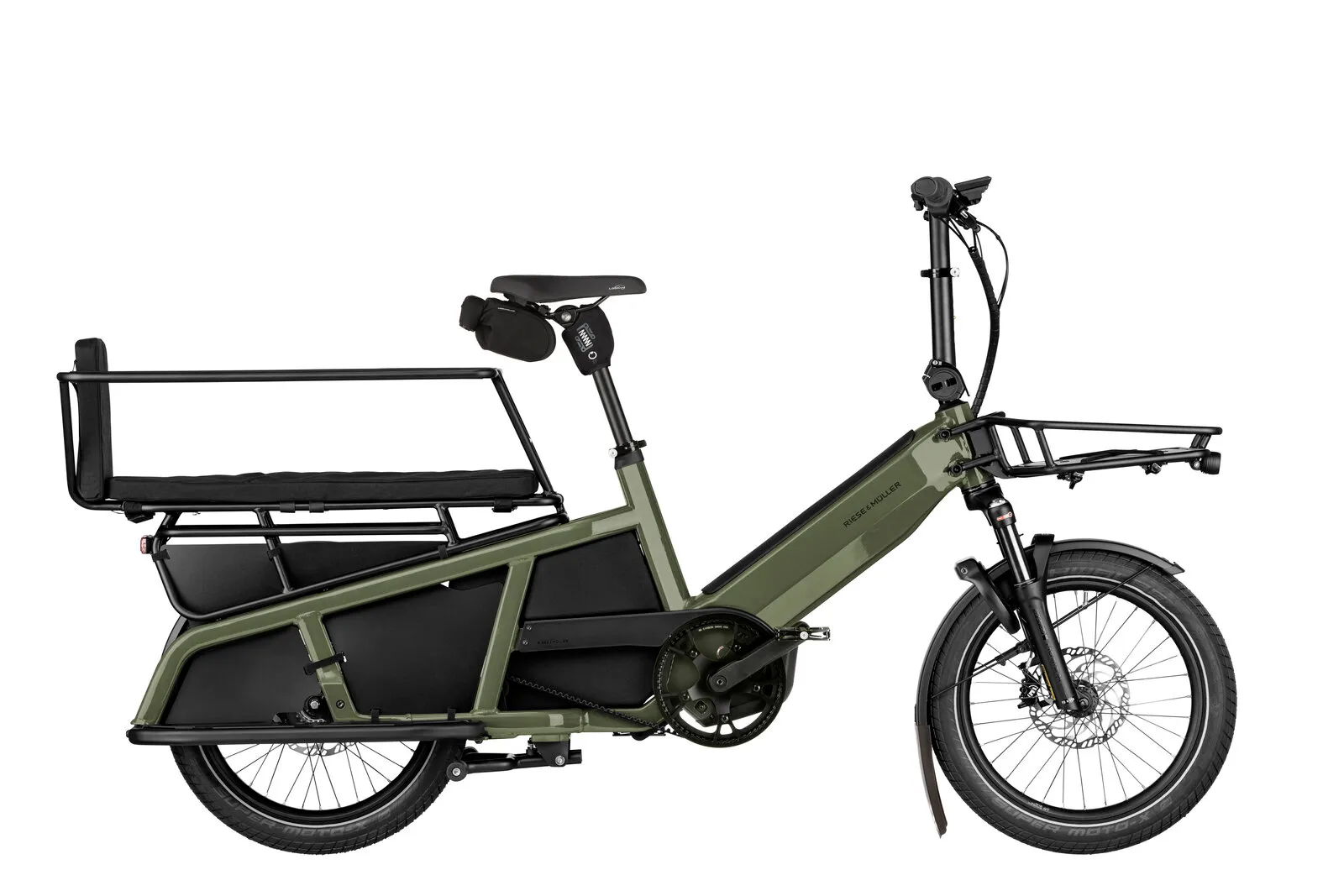 Riese & Müller Multitinker2 vario in olive/black with family kit and Kiox 300 display.
