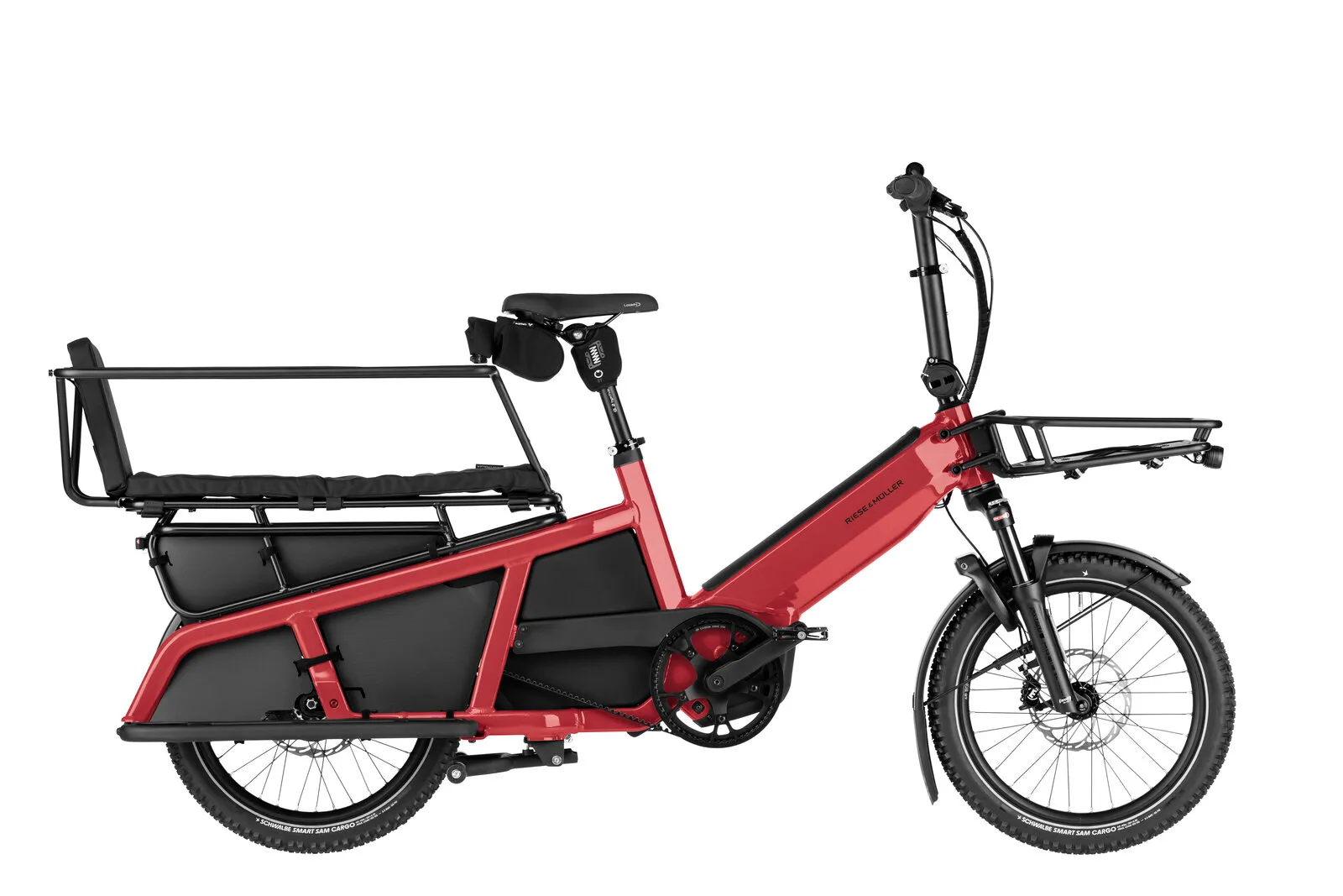 Riese & Müller Multitinker2 vario in lava/black with family kit and offroad tyres.