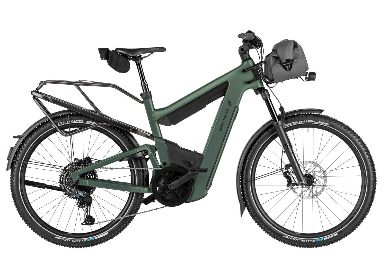 Riese & Müller Superdelite5 touring in moss green with offroad kit and front carrier bag.