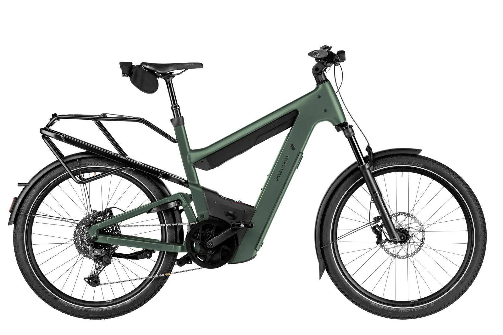 Riese & Müller Superdelite5 touring in moss green, side profile.