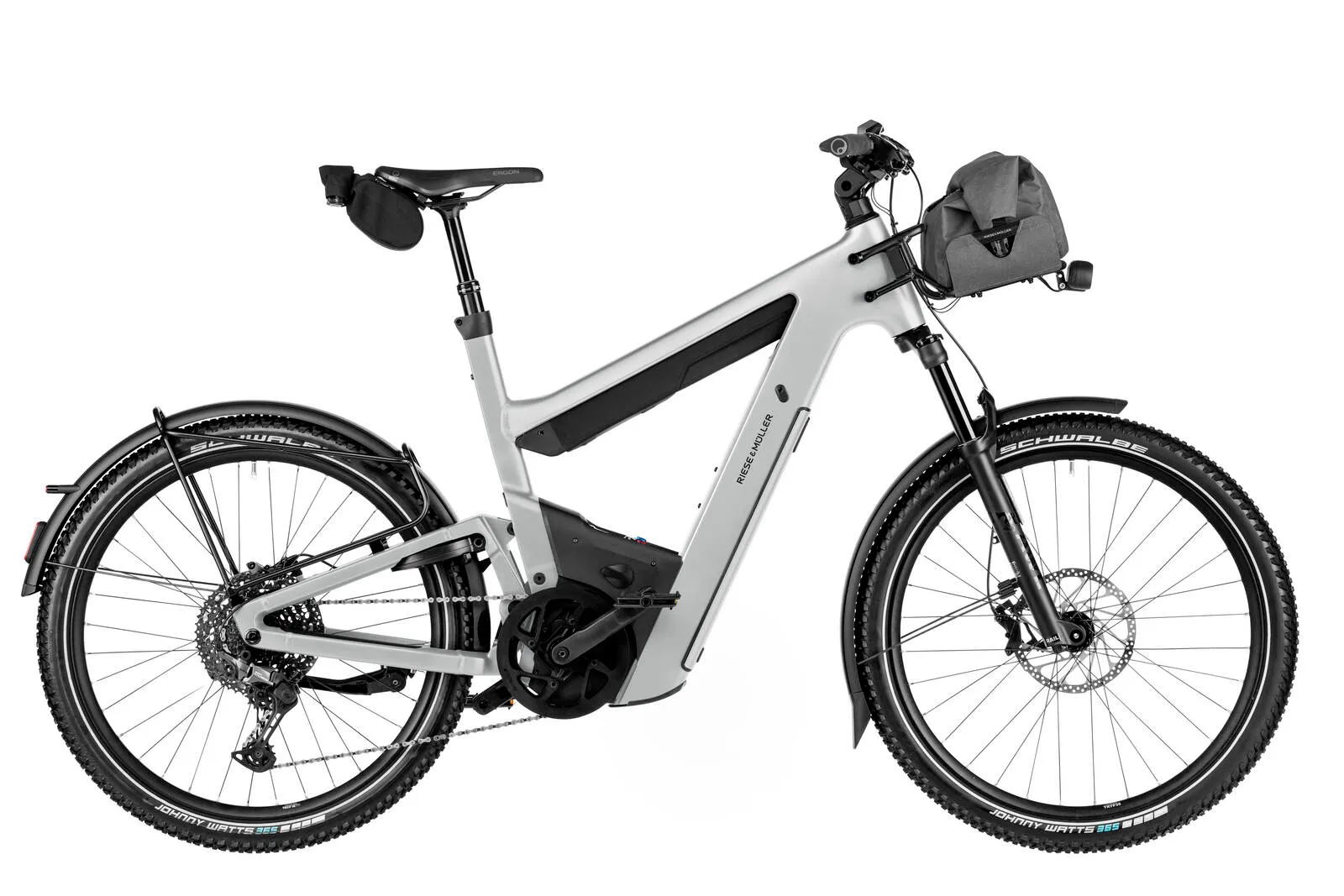 Riese & Müller Superdelite5 touring in shadow with offroad kit, pannier rack and front carrier bag.