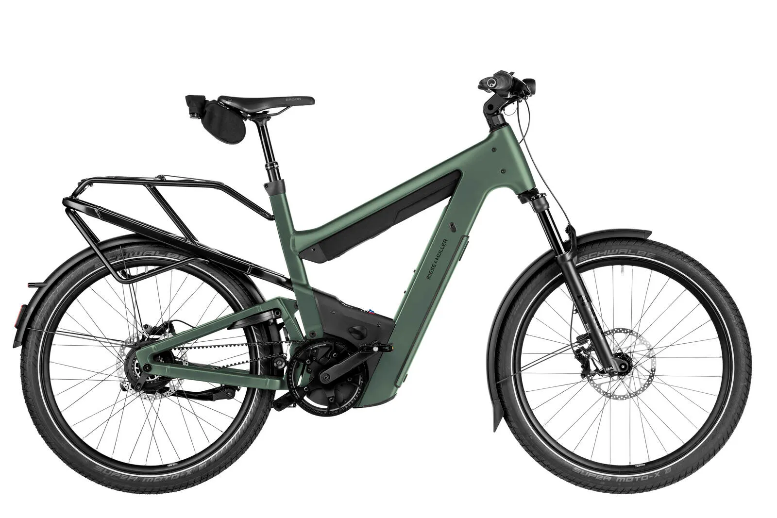 Riese & Müller Superdelite5 vario in moss green with belt drive.