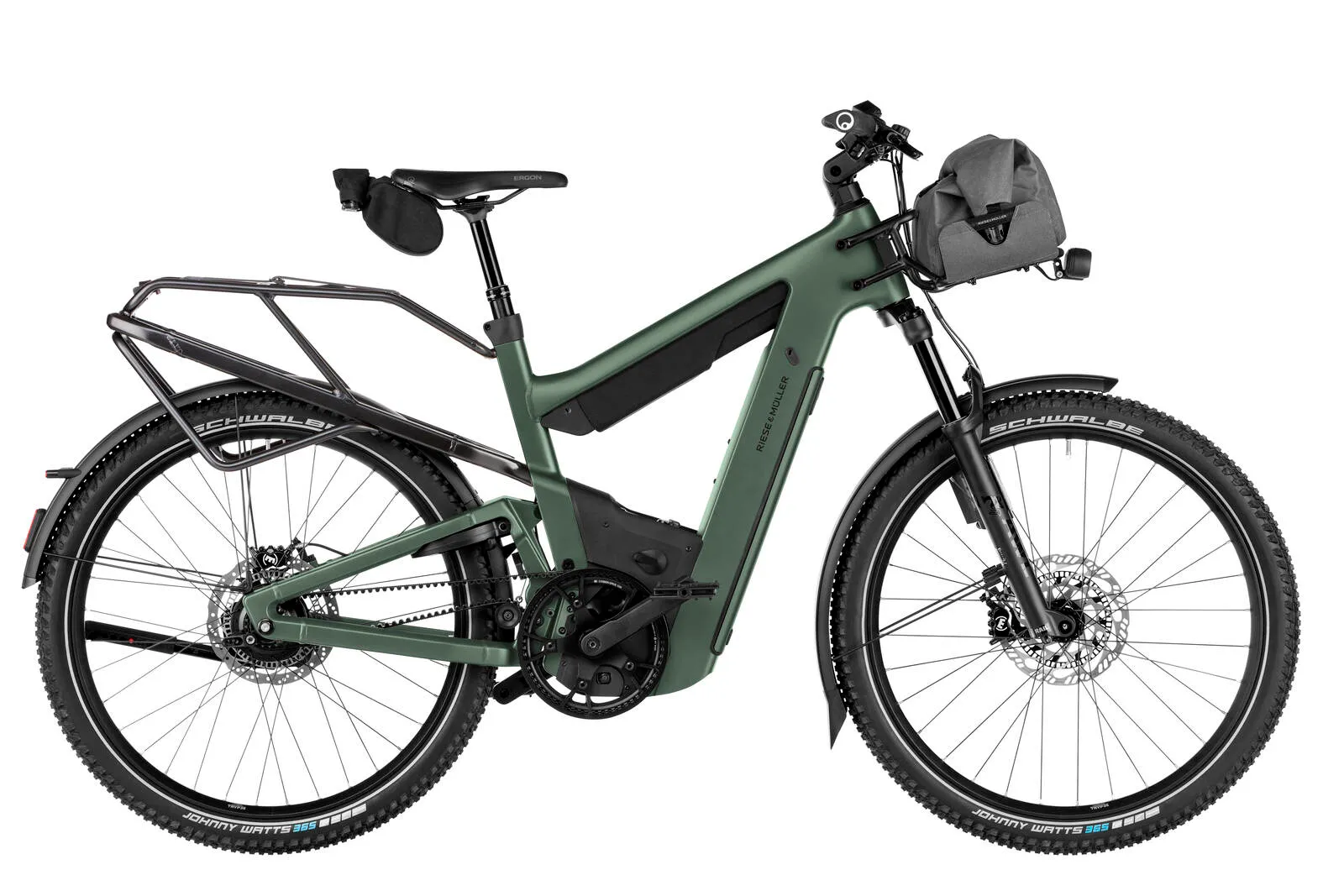 Riese & Müller Superdelite5 rohloff in moss green with ABS and front carrier bag.