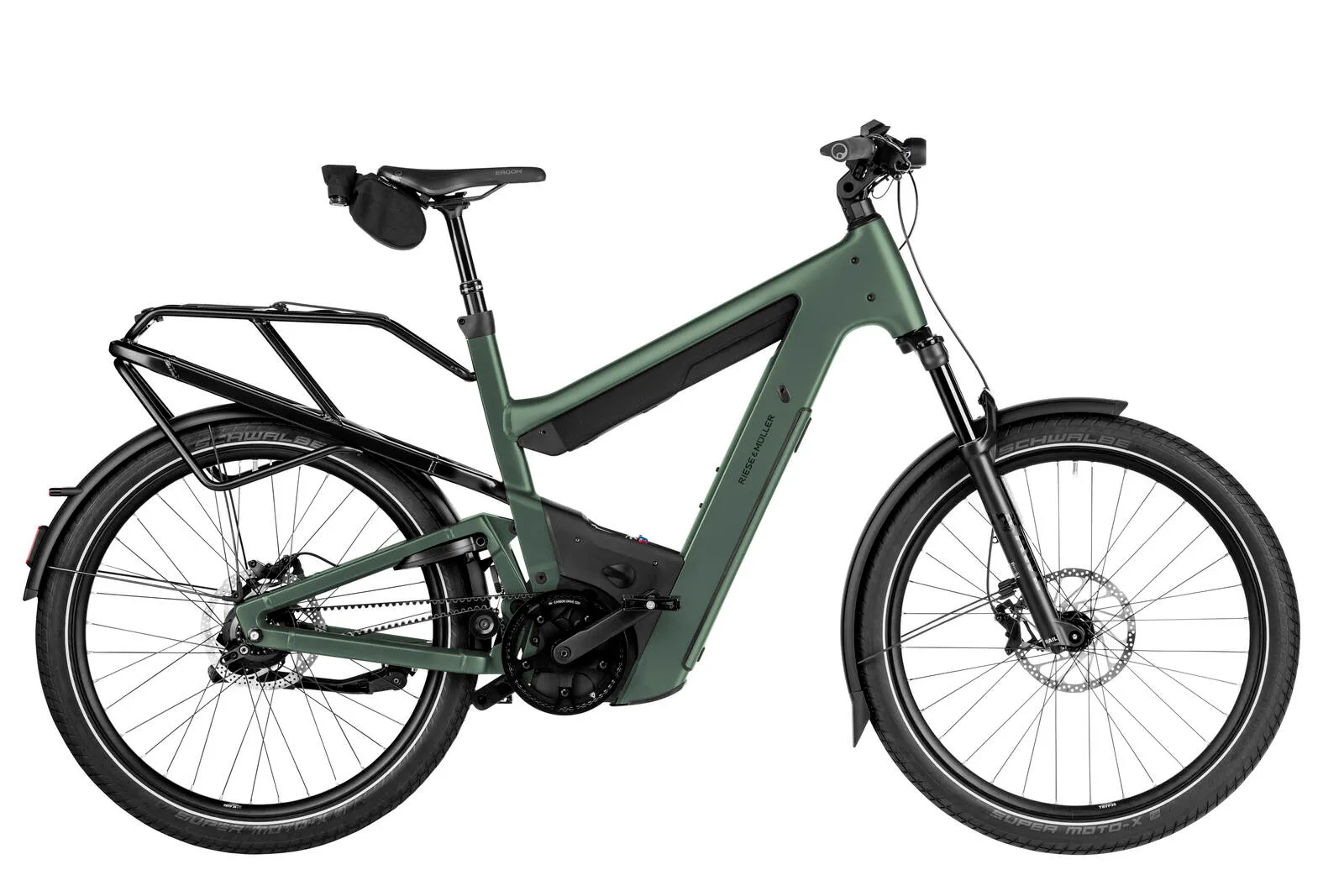 Riese & Müller Superdelite5 rohloff in moss green, side profile.