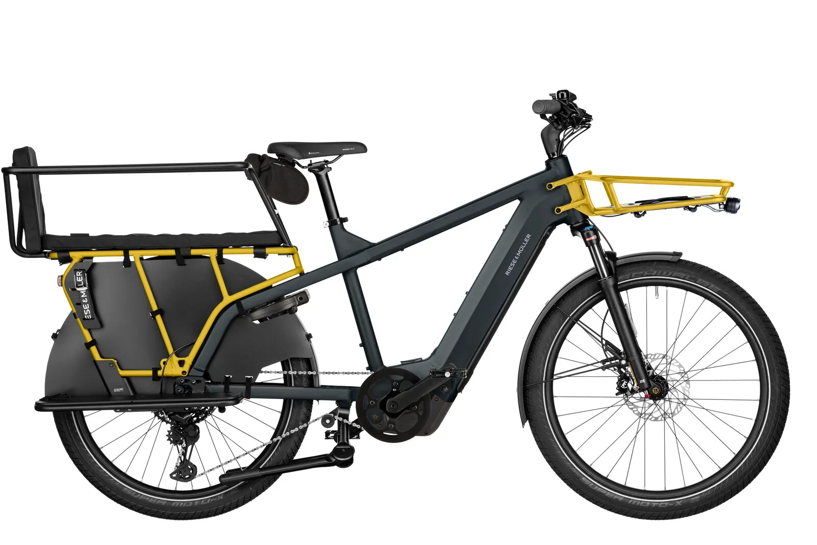 Riese & Müller Multicharger3 FAMILY in utility grey/curry with family kit.