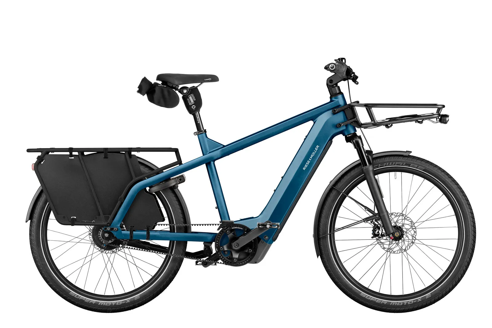 Riese & Müller Multicharger3 vario in petrol/black with cargo bags.