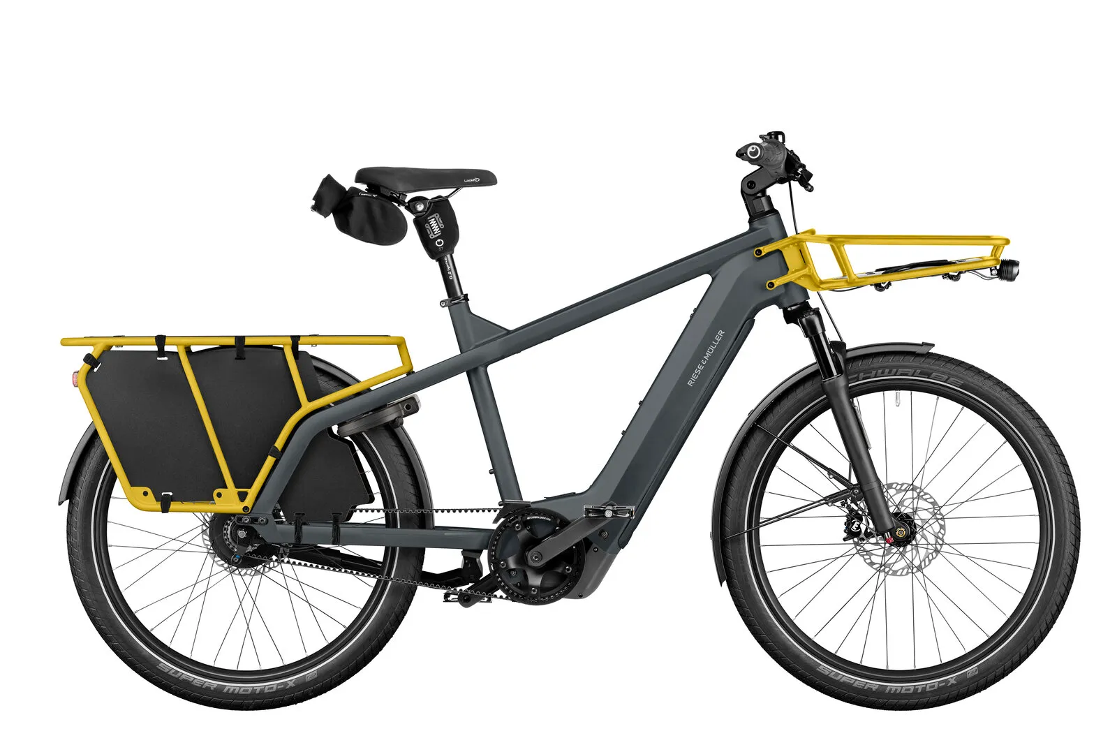 Riese & Müller Multicharger3 vario in utility grey/curry with cargo bags.