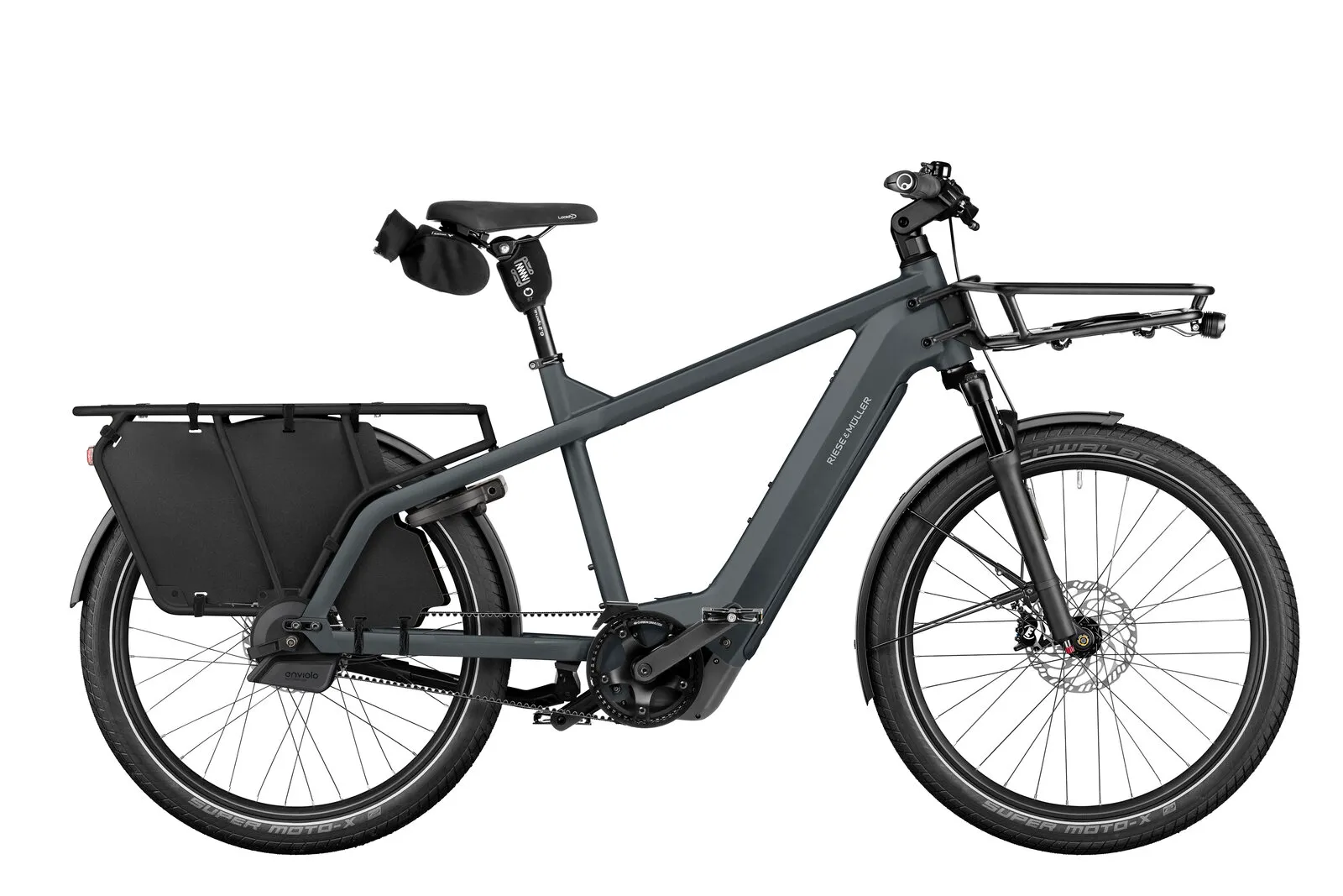 Riese & Müller Multicharger3 automatic in utility grey/black with cargo bags.