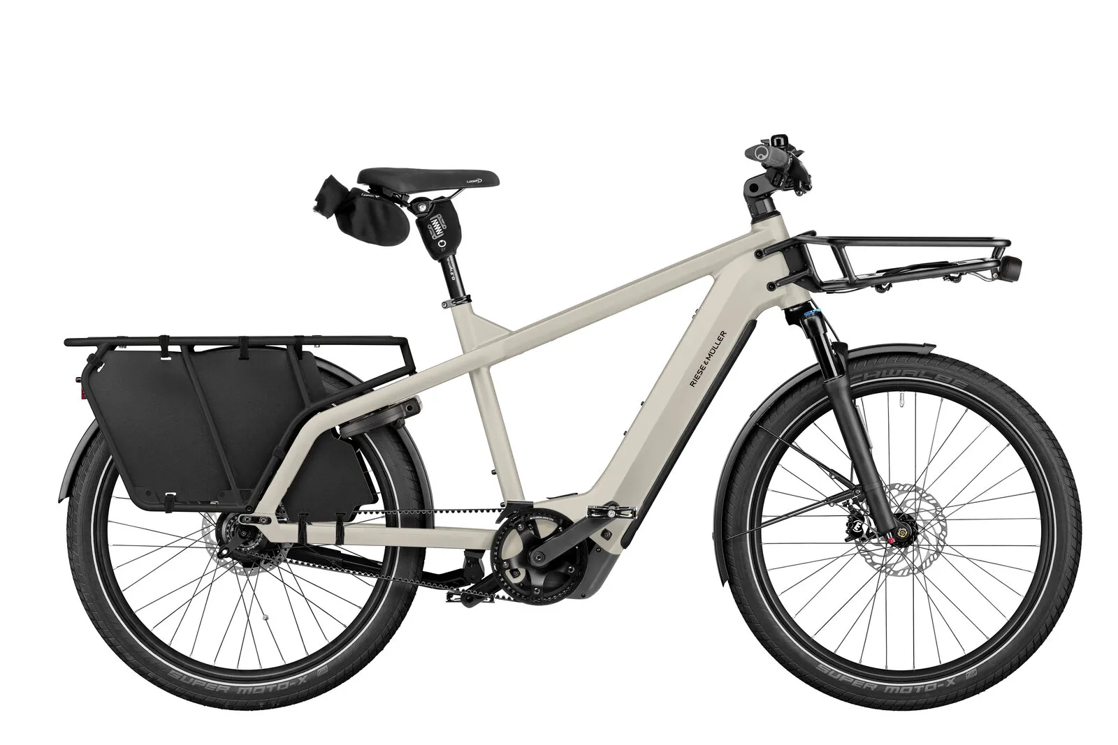 Riese & Müller Multicharger3 rohloff in desert/black with cargo bags.