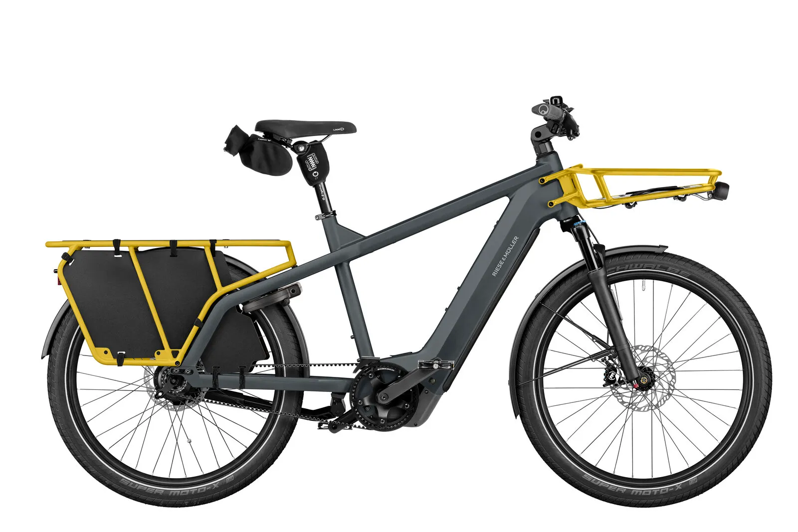 Riese & Müller Multicharger3 rohloff in utility grey/curry with cargo bags.